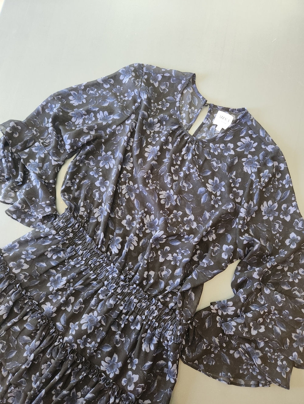 Misa Los Angeles Bernita Black Blue Floral Dress Ruffle Tiered Layered Sleeve L